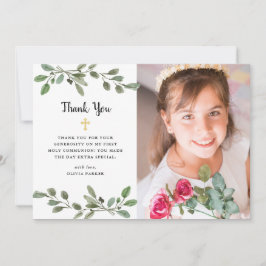 Aquarell Grünpflanzen und Gold Foto Erste Kommune Dankeskarte