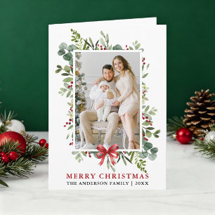 Aquarell Grünzeug Fröhliche Weihnachten Roter Schl