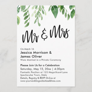 Aquarell Grünzeug Mr & Mrs Hochzeitsfeier nach der Einladung