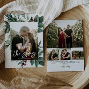 Aquarell Grünzeug Rote Beeren Foto Feiertagskarte