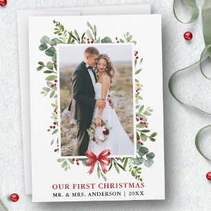Aquarell Grünzeug Rotes Band Erstes Weihnachten