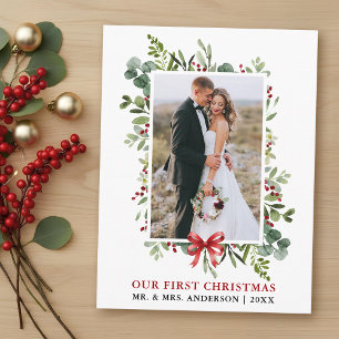 Aquarell Grünzeug Rotes Band Erstes Weihnachten Postkarte