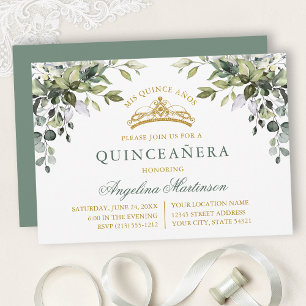 Aquarell Grünzeug Salbeigrün Gold Quinceanera Einladung