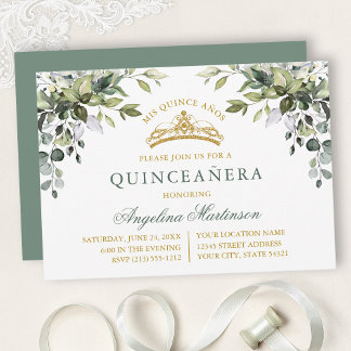 Aquarell Grünzeug Salbeigrün Gold Quinceanera Einladung