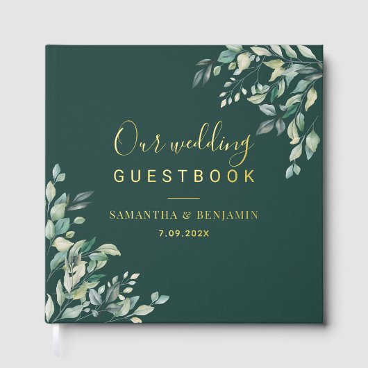 Aquarell-Grünzeug-Script-Hochzeit Gästebuch (Vorderseite)