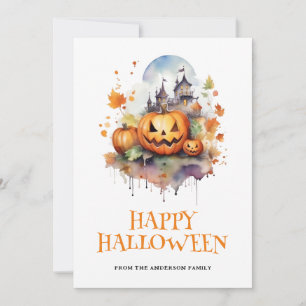 Aquarell Gruselpumpkins Spukhaus Halloween Feiertagskarte