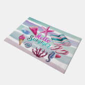 Aquarell-hallo Sommer-Monogramm-Strand-Streifen Fußmatte (Schrägansicht)