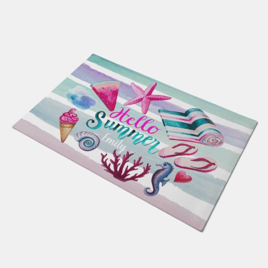 Aquarell-hallo Sommer-Monogramm-Strand-Streifen Fußmatte (Schrägansicht)