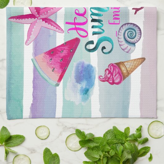 Aquarell-hallo Sommer-Monogramm-Strand-Streifen Geschirrtuch (Gefaltet)