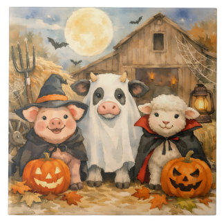 Aquarell-Halloween-Bauernhoftiere bei der Scheune Fliese
