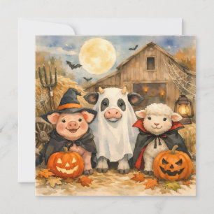 Aquarell-Halloween-Bauernhoftiere bei der Scheune Karte
