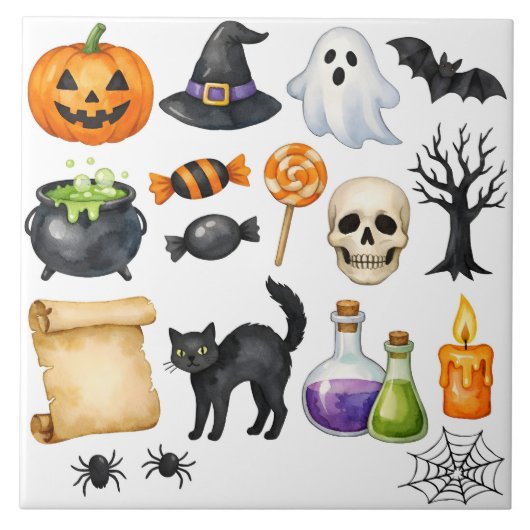 Aquarell-Halloween-Collage Fliese (Vorderseite)