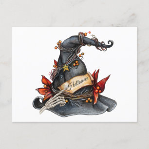 Aquarell-Halloween-Hexenhut und Dekorationen Feiertagspostkarte