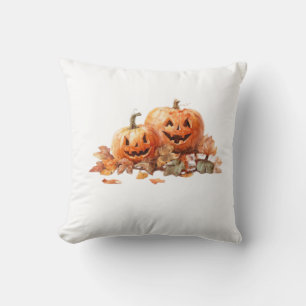 Aquarell-Halloween-Kürbisse mit Herbstblättern O Kissen