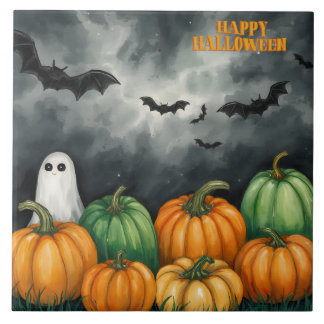 Aquarell-Halloween-Kürbisse und Geist Fliese