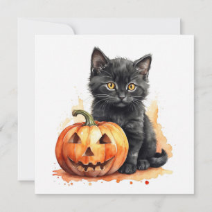 Aquarell Halloween schwarze Katze mit Kürbis Feiertagskarte