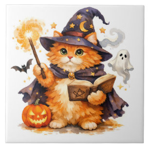 Aquarell-Halloween-Zauberkatze mit Geist  Fliese