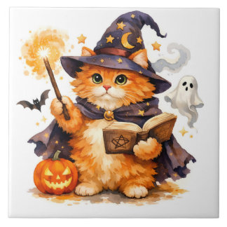 Aquarell-Halloween-Zauberkatze mit Geist Fliese