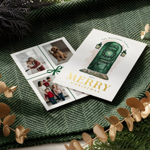 Aquarell Handgezeichneter grüner Tür Weihnachts Kr Folien Feiertagskarte