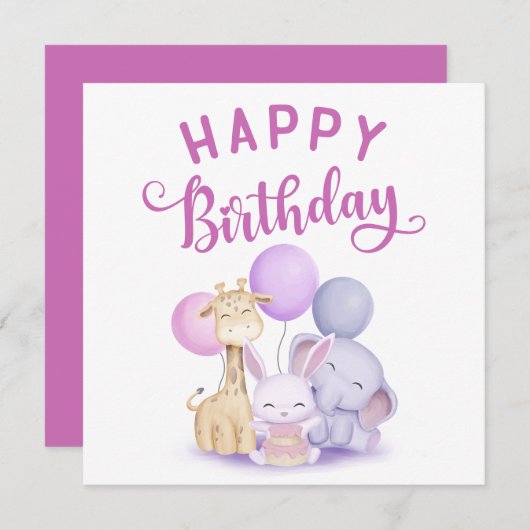 Aquarell Happy Birthday Niedlich Baby Party Tiere Karte (Vorne/Hinten)