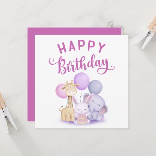 Aquarell Happy Birthday Niedlich Baby Party Tiere Karte (Vorderseite/Rückseite Beispiel)