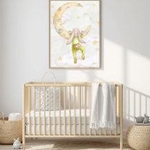Aquarell-Häschen beim Mondklettern fürs Kinderzimm