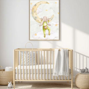Aquarell-Häschen beim Mondklettern fürs Kinderzimm Poster