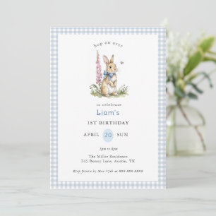 Aquarell-Hase blau Gingham Junge 1. Geburtstag Einladung