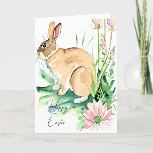 Aquarell-Hase im Blumengarten, individuelles Oster Feiertagskarte