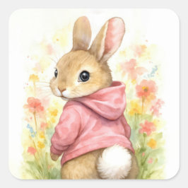 Aquarell-Hase in einem rosa Hoodie Quadratischer Aufkleber