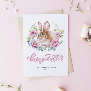 Aquarell-Hase Pink Floraler Kranz Frohe Ostern Feiertagskarte