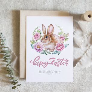 Aquarell-Hase Rosa Floraler Kranz Frohe Ostern Feiertagskarte