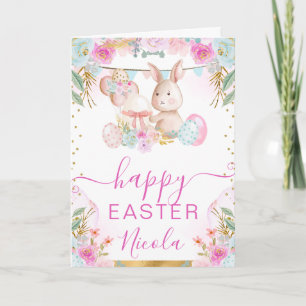 Aquarell-Hase und Blumen Frohe Ostern Karte