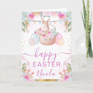 Aquarell-Hase und Blumen Frohe Ostern Karte
