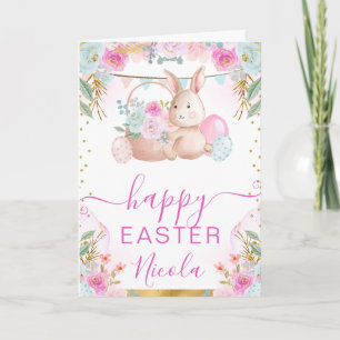 Aquarell-Hase und Blumen Frohe Ostern Karte