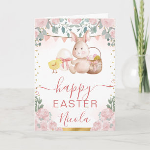 Aquarell-Hase und Blumen Frohe Ostern Karte