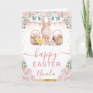 Aquarell-Hase und Blumen Frohe Ostern Karte