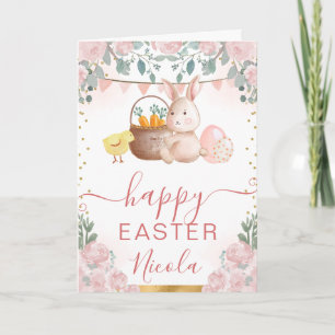 Aquarell-Hase und Blumen Frohe Ostern Karte