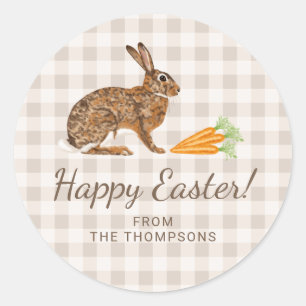 Aquarell-Hase und Karotten Frohe Ostern Beige Runder Aufkleber