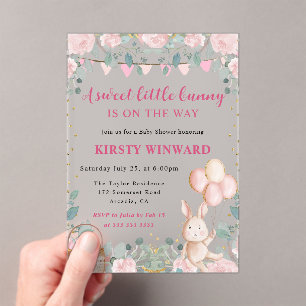 Aquarell-Hase und rosa Blumen Baby Shower Acryleinladungen
