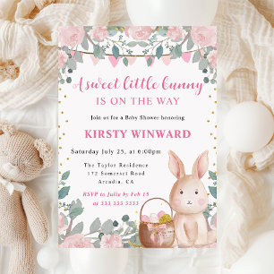 Aquarell-Hase und rosa Blumen Baby Shower Einladung