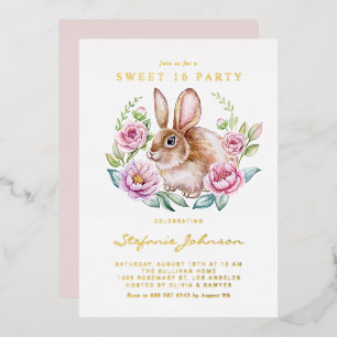 Aquarell-Hase und rosa Blumen Sweet 16 Party Folieneinladung