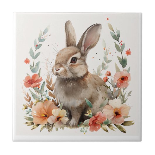 Aquarell-Hasen-Blumen Fliese (Vorderseite)