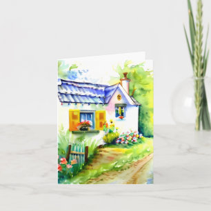 Aquarell-Häuschen und Blumen individuell anpassbar Karte