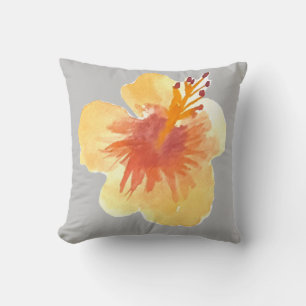 Aquarell Hawaii Hibiskus Gelb und Grau Floral Kissen