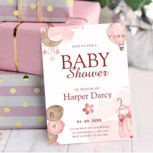 Aquarell Heißluftballon Rosa Mädchen Baby Shower Einladung
