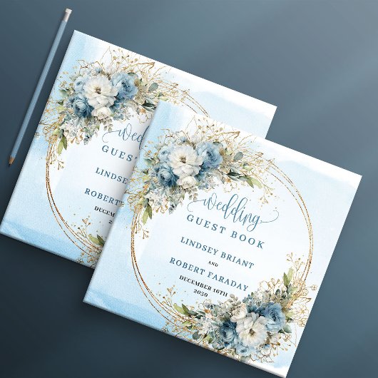 Aquarell Hellblau Floral Gold Glitter Boho Gästebuch