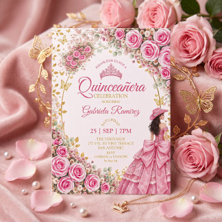 Aquarell Helle Rosa Rosen Golden Quinceañera Einladung