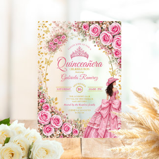 Aquarell Helle Rosa Rosen Goldene Quinceañera Acryleinladungen
