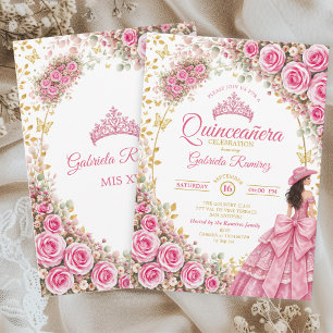 Aquarell Helle Rosa Rosen Goldene Quinceañera Einladung